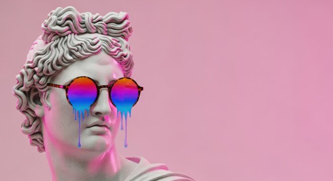 Abstract Statue with Colorful Dripping Sunglasses and Pink Background - Powered by Adobe