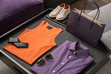 Orange tank top purple shirt sunglasses belt shoes bag purple dress shirt black belt