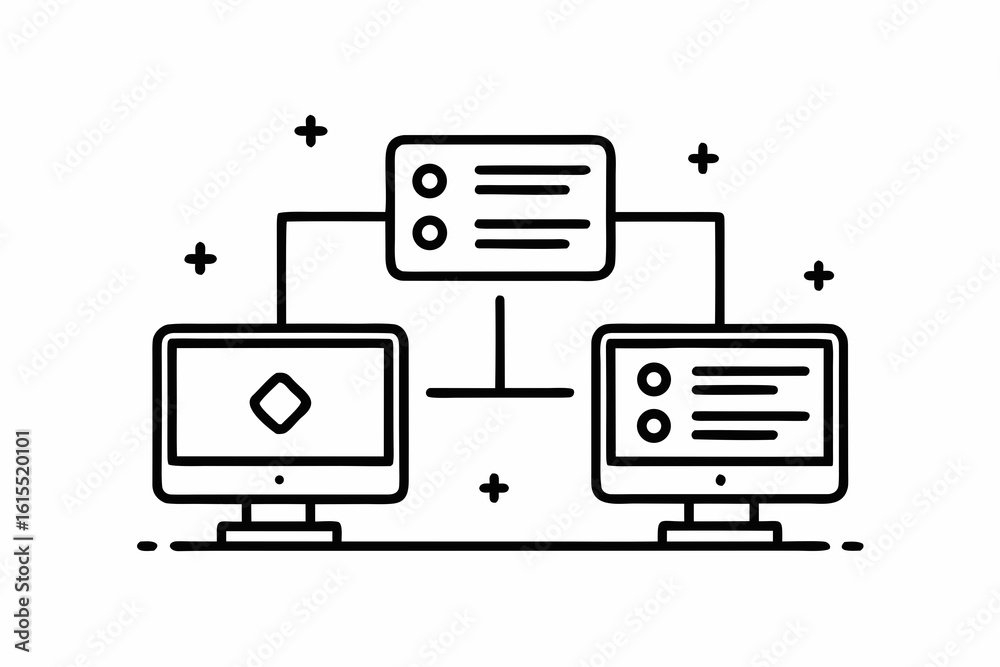 Wall mural two overlapping screens connection line technology device icon