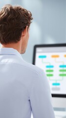 Fototapeta premium Male professional in a light blue shirt is analyzing data flow on a computer screen, showcasing a digital workflow diagram in a modern office environment