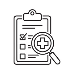 Obraz premium Healthcare audit icon with clipboard checklist medical cross and magnifier for patient record inspection and clinical compliance line vector stroke