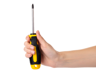 Hand Holding Black and Yellow Screwdriver Isolated on Transparent Background