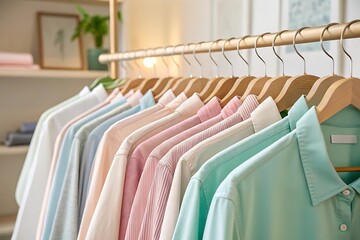 Pastel colored shirts hanging on wooden hangers pastel colors clothing rack