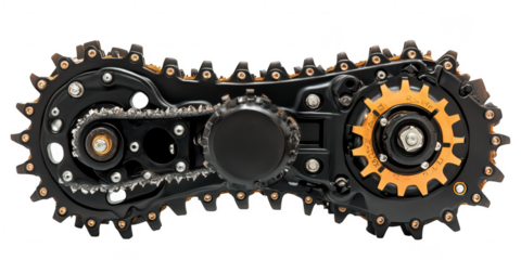 Gears and chain mechanism detail on transparent png background