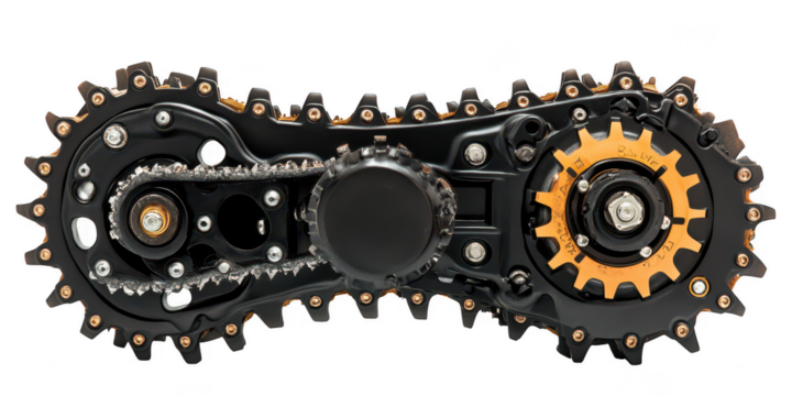 Gears and chain mechanism detail on transparent png background