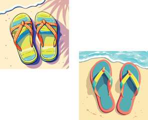 Vsai colorful flip flops resting on sandy beach, embracing summer vibes