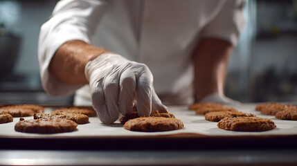 Chef's Hands Placing Brown Cookies on Baking Sheet in a Professional Kitchen