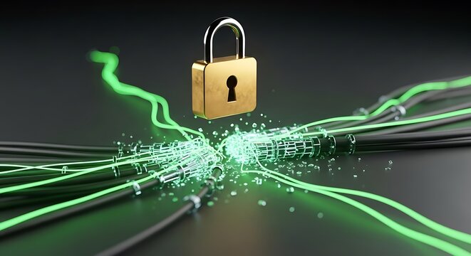 Cybersecurity: Golden Padlock Securing Digital Data Flow with Vibrant Green Energy and Network Cables - Powered by Adobe