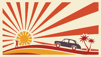 Vintage Sunburst Retro Car Travel Poster Art Print Mid Century Modern Illustration Palm Trees Road Trip Graphic Design