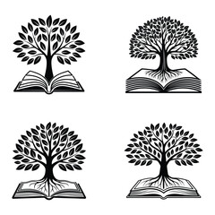 Four artistic silhouettes of trees growing from open books