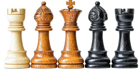 Chess pieces arrangement close up view on transparent png background