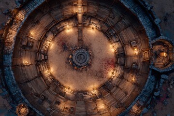 Naklejka premium Top-down view of a circular wooden battle arena with staircases, torches, and a bloodstained dirt floor, evoking a gritty fantasy combat setting or ancient gladiator pit