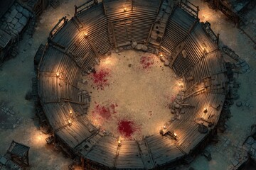 	
Top-down view of a circular wooden battle arena with staircases, torches, and a bloodstained dirt floor, evoking a gritty fantasy combat setting or ancient gladiator pit	

