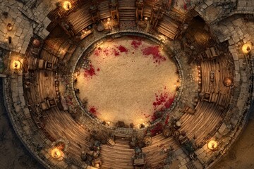Top-down view of a circular wooden battle arena with staircases, torches, and a bloodstained dirt floor, evoking a gritty fantasy combat setting or ancient gladiator pit	