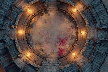 Top-down view of a circular wooden battle arena with staircases, torches, and a bloodstained dirt floor, evoking a gritty fantasy combat setting or ancient gladiator pit	
