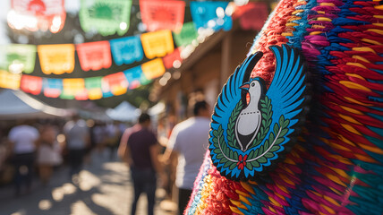 Obraz premium Blue-and-white Quetzal bird pin on woven textile, symbolizing Guatemalan culture and freedom.