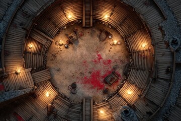 Top-down view of a circular wooden battle arena with staircases, torches, and a bloodstained dirt floor, evoking a gritty fantasy combat setting or ancient gladiator pit	