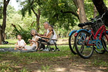Happy Asian grandparents enjoying a picnic with their granddaughter in a green park