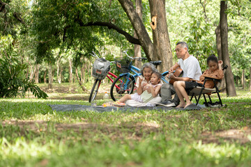 Happy Asian grandparents enjoying a picnic with their granddaughter in a green park