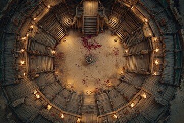 Top-down view of a circular wooden battle arena with staircases, torches, and a bloodstained dirt floor, evoking a gritty fantasy combat setting or ancient gladiator pit	