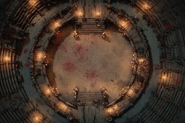 Top-down view of a circular wooden battle arena with staircases, torches, and a bloodstained dirt floor, evoking a gritty fantasy combat setting or ancient gladiator pit
