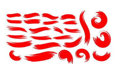 This vibrant set of red brush strokes includes a variety of dynamic shapes like swirls, waves, curls, and curved lines. perfect for digital art, poster design, modern calligraphy, branding, packaging.
