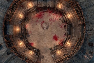 Top-down view of a circular wooden battle arena with staircases, torches, and a bloodstained dirt floor, evoking a gritty fantasy combat setting or ancient gladiator pit	