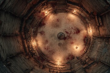 Top-down view of a circular wooden battle arena with staircases, torches, and a bloodstained dirt floor, evoking a gritty fantasy combat setting or ancient gladiator pit	