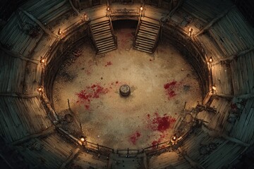 Top-down view of a circular wooden battle arena with staircases, torches, and a bloodstained dirt floor, evoking a gritty fantasy combat setting or ancient gladiator pit	