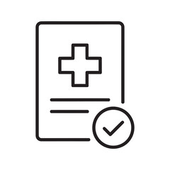 Fototapeta premium Approved medical report icon with health document plus sign and checkmark representing verified patient data and valid prescription line vector stroke
