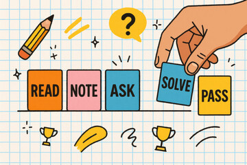 Read and note steps inspire learning education and problem solving with colorful blocks and creative focus