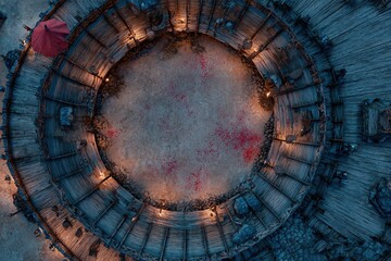 	
Top-down view of a circular wooden battle arena with staircases, torches, and a bloodstained dirt floor, evoking a gritty fantasy combat setting or ancient gladiator pit	
