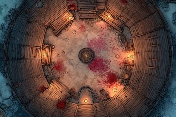 	
Top-down view of a circular wooden battle arena with staircases, torches, and a bloodstained dirt floor, evoking a gritty fantasy combat setting or ancient gladiator pit	
