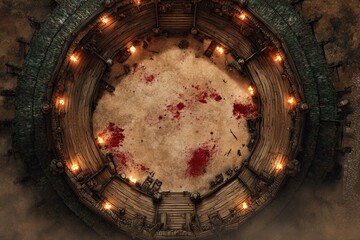 	
Top-down view of a circular wooden battle arena with staircases, torches, and a bloodstained dirt floor, evoking a gritty fantasy combat setting or ancient gladiator pit	
