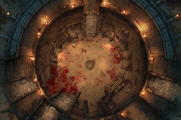 	
Top-down view of a circular wooden battle arena with staircases, torches, and a bloodstained dirt floor, evoking a gritty fantasy combat setting or ancient gladiator pit	
