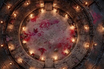 	
Top-down view of a circular wooden battle arena with staircases, torches, and a bloodstained dirt floor, evoking a gritty fantasy combat setting or ancient gladiator pit	
