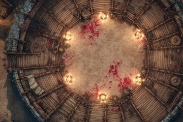 	
Top-down view of a circular wooden battle arena with staircases, torches, and a bloodstained dirt floor, evoking a gritty fantasy combat setting or ancient gladiator pit	
