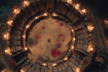 	
Top-down view of a circular wooden battle arena with staircases, torches, and a bloodstained dirt floor, evoking a gritty fantasy combat setting or ancient gladiator pit	
