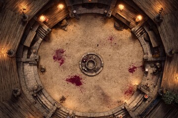 	
Top-down view of a circular wooden battle arena with staircases, torches, and a bloodstained dirt floor, evoking a gritty fantasy combat setting or ancient gladiator pit	
