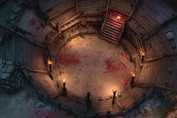 	
Top-down view of a circular wooden battle arena with staircases, torches, and a bloodstained dirt floor, evoking a gritty fantasy combat setting or ancient gladiator pit	
