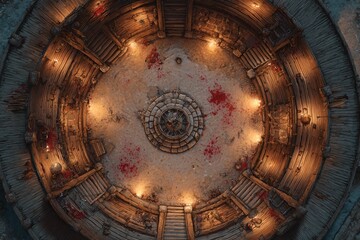 	
Top-down view of a circular wooden battle arena with staircases, torches, and a bloodstained dirt floor, evoking a gritty fantasy combat setting or ancient gladiator pit	
