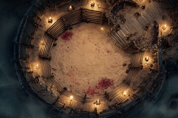 	
Top-down view of a circular wooden battle arena with staircases, torches, and a bloodstained dirt floor, evoking a gritty fantasy combat setting or ancient gladiator pit	
