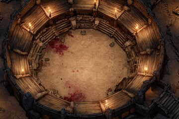 	
Top-down view of a circular wooden battle arena with staircases, torches, and a bloodstained dirt floor, evoking a gritty fantasy combat setting or ancient gladiator pit	
