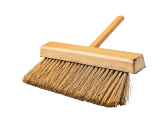 A close up photograph of a traditional wooden broom against a transparent background