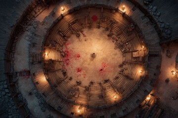 	
Top-down view of a circular wooden battle arena with staircases, torches, and a bloodstained dirt floor, evoking a gritty fantasy combat setting or ancient gladiator pit	
