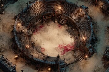 	
Top-down view of a circular wooden battle arena with staircases, torches, and a bloodstained dirt floor, evoking a gritty fantasy combat setting or ancient gladiator pit	
