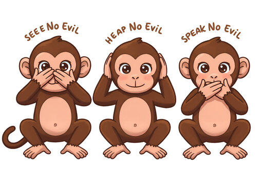 Cute Cartoon Monkeys Illustrating See Hear and Speak No Evil on Transparent Background