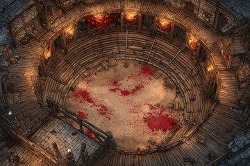 	
Top-down view of a circular wooden battle arena with staircases, torches, and a bloodstained dirt floor, evoking a gritty fantasy combat setting or ancient gladiator pit	
