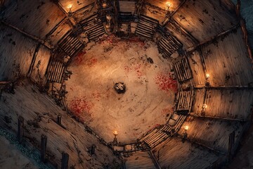 	
Top-down view of a circular wooden battle arena with staircases, torches, and a bloodstained dirt floor, evoking a gritty fantasy combat setting or ancient gladiator pit	
