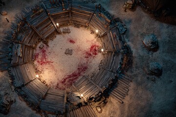 	
Top-down view of a circular wooden battle arena with staircases, torches, and a bloodstained dirt floor, evoking a gritty fantasy combat setting or ancient gladiator pit	
